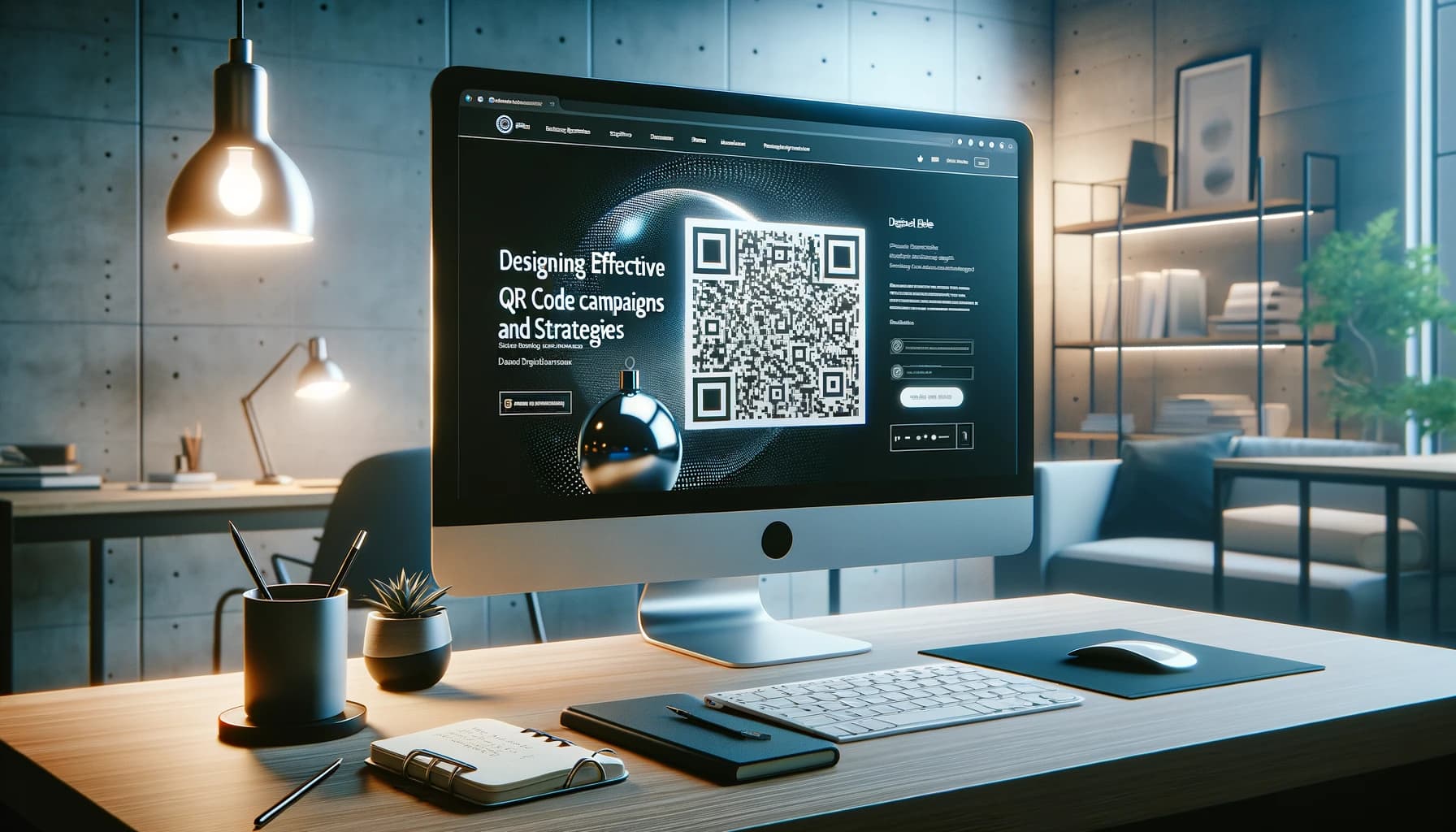 A sleek modern home office with an iMac displaying a QR code campaign for designing effective strategies, accompanied by stationery items and a notebook on a wooden desk, under ambient lighting.