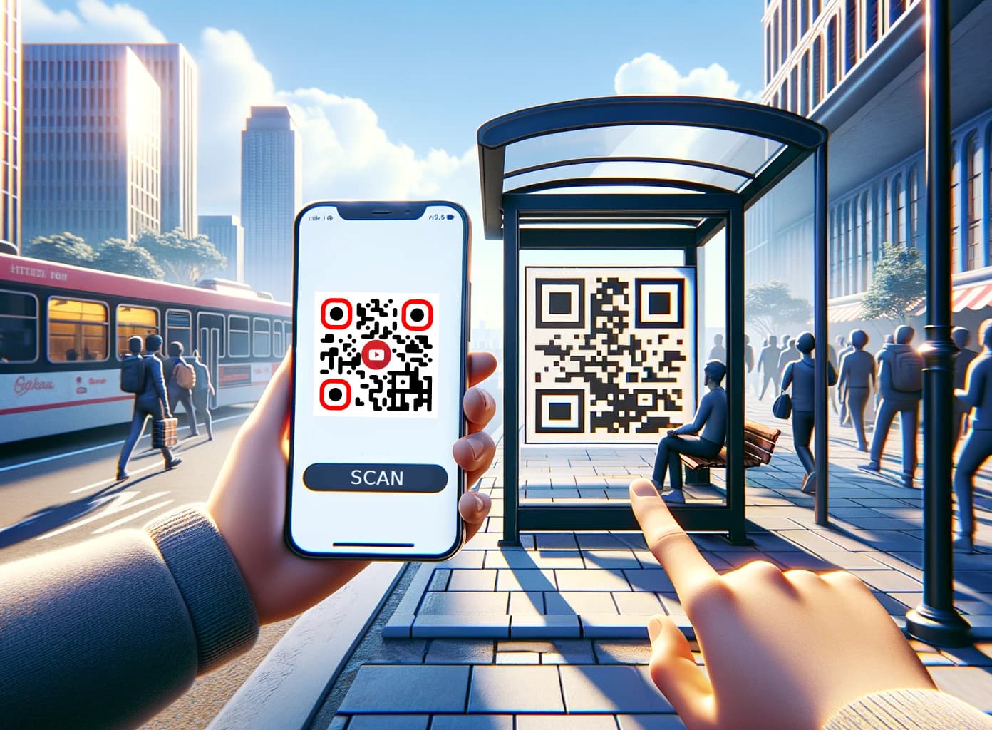 A person's hand holding a smartphone scanning a QR code on an interactive advertisement at a bus stop, with city life and a passing tram in the background.