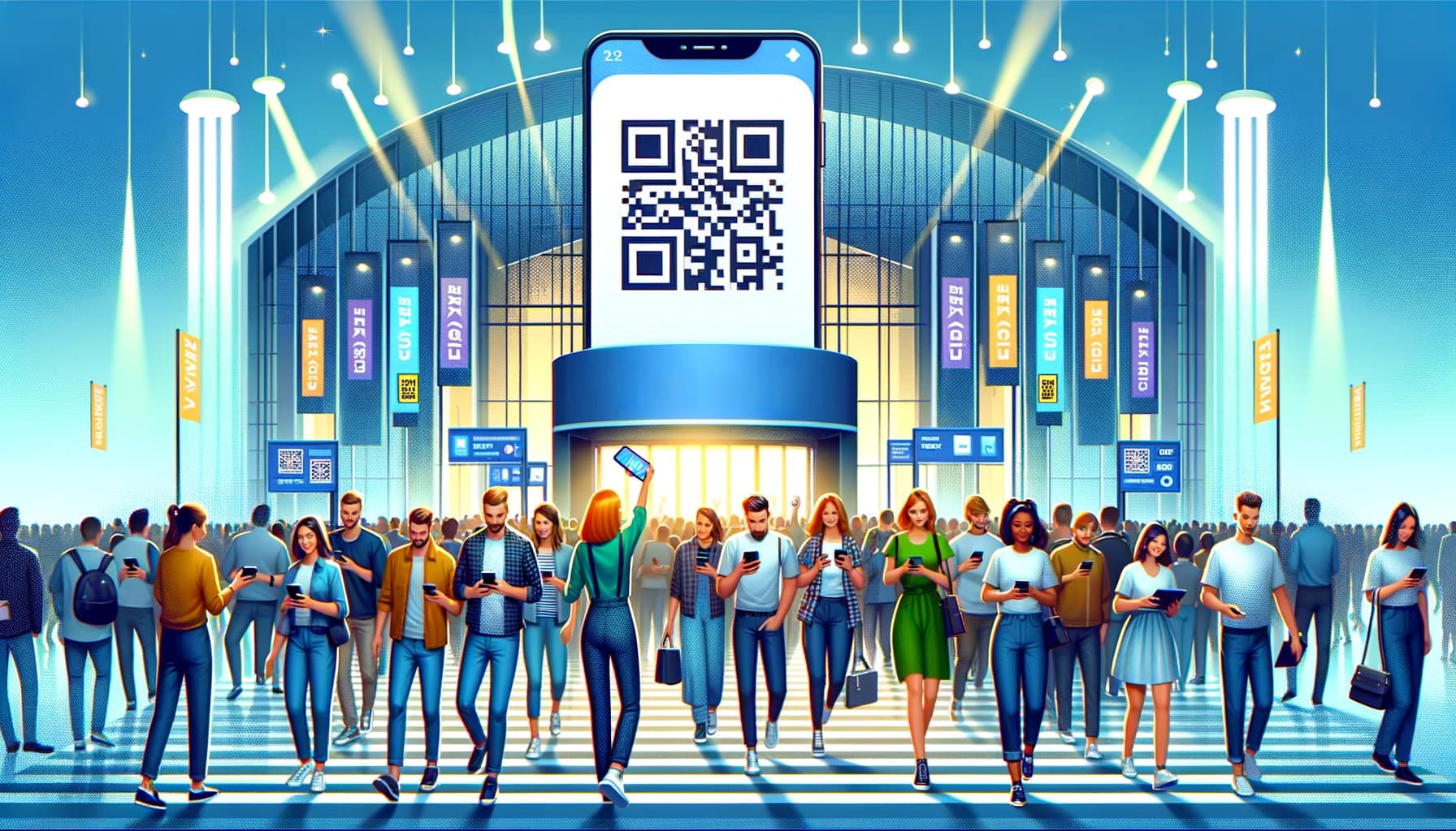Crowd of event attendees using smartphones to scan a large QR code for entry at a futuristic venue entrance with vibrant lighting and digital banners.